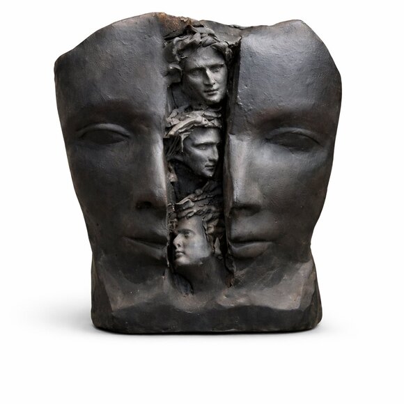 Vintage 2001 Sean Corner Split Face Sculpture Inner Souls Surreal Art Bust 7”